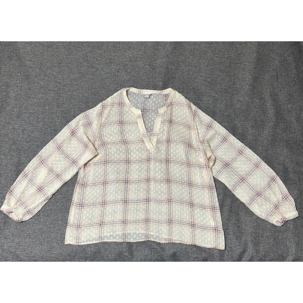 A New Day Women's XXL Blouse Plaid Swiss Dot V-Neck Long Sleeve Cream